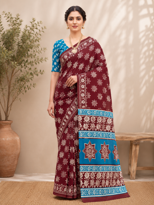 Cotton Classic Maroon Brown Saree – Timeless Earthy Elegance (One Size)