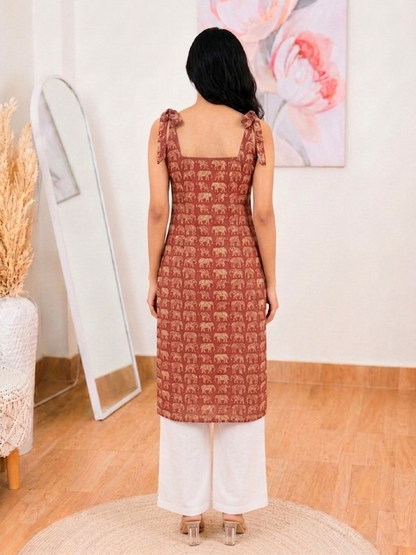 Cotton Rust Pink Pure Elephant Print Kurti – Artistic Cultural Charm (S–5XL)(Only Kurti)