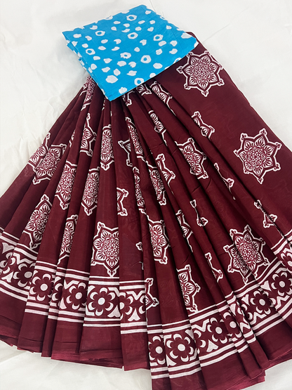 Cotton Classic Maroon Brown Saree – Timeless Earthy Elegance (One Size)