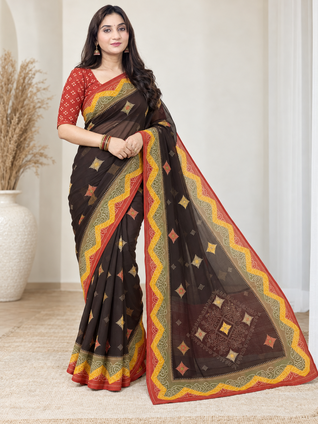 Chocolate Brown Bandhani Georgette Saree