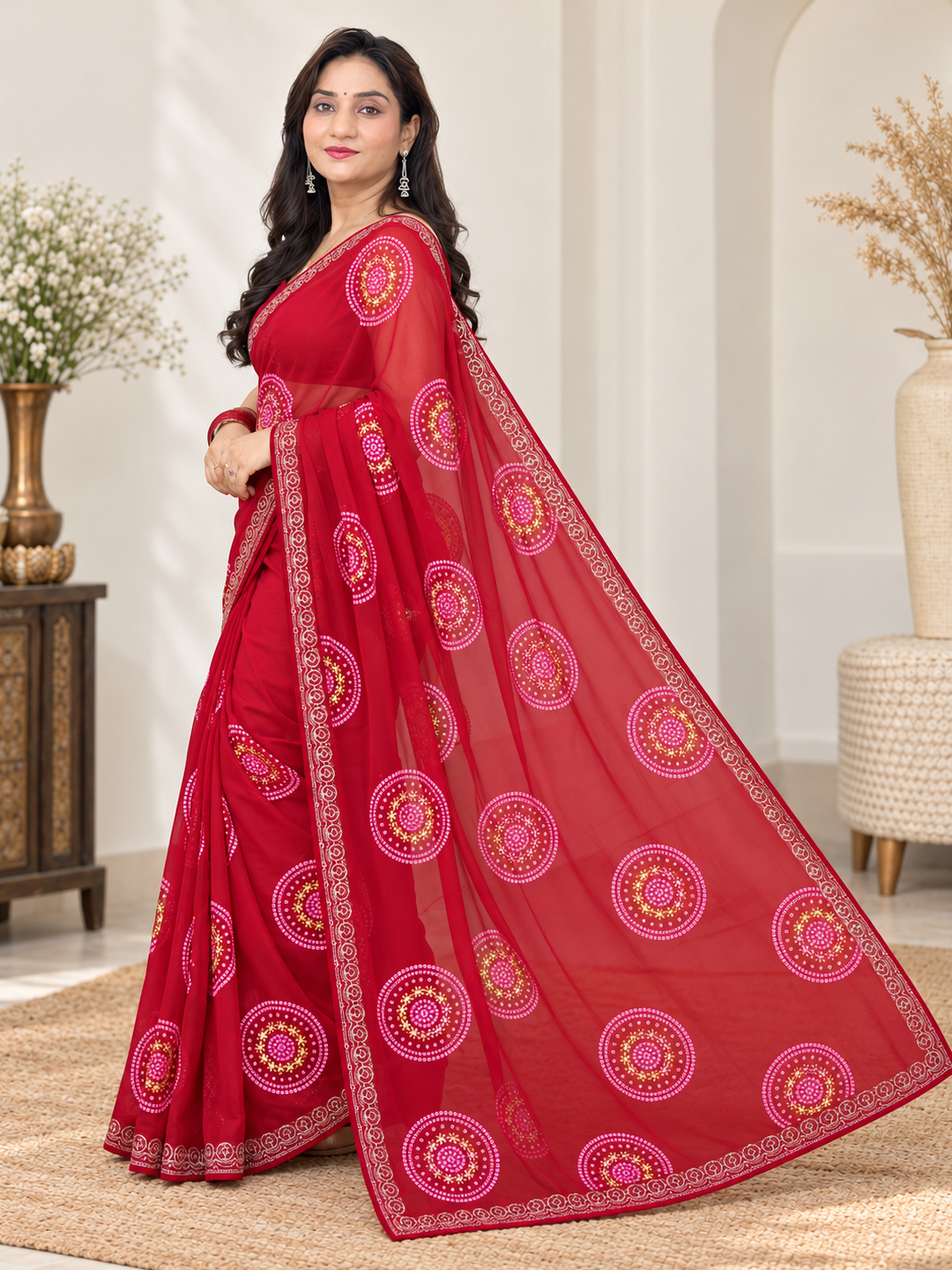 Red Hand-Painted Bandhani Georgette Saree – Festive Wear