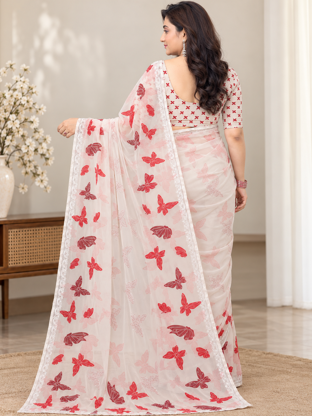 Off-White Butterfly Print Georgette Saree