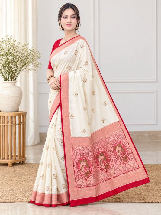 Off-White and Red Border Silk Saree