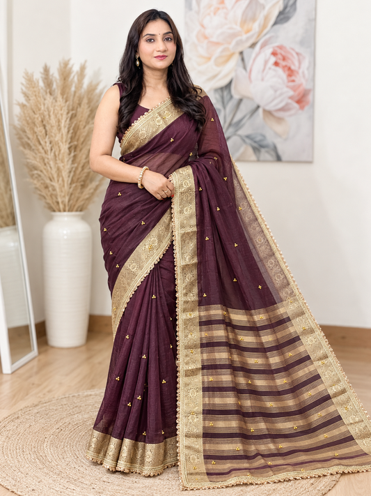 Wine Ghunghroo Organza Saree – Festive Wear