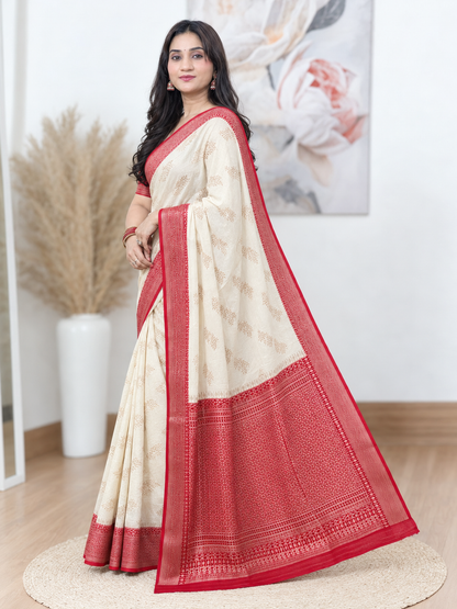 Off-White and Red Border Silk Saree