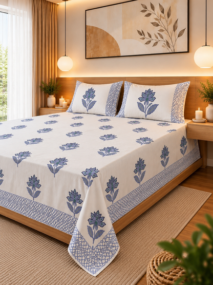 Premium Cotton Jaipuri Hand-Block Print Double Bedsheet –108×108 King Size