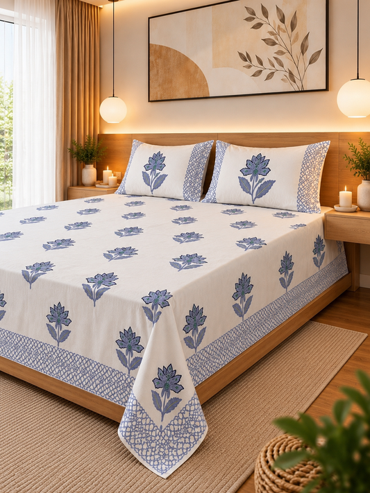 Premium Cotton Jaipuri Hand-Block Print Double Bedsheet –108×108 King Size