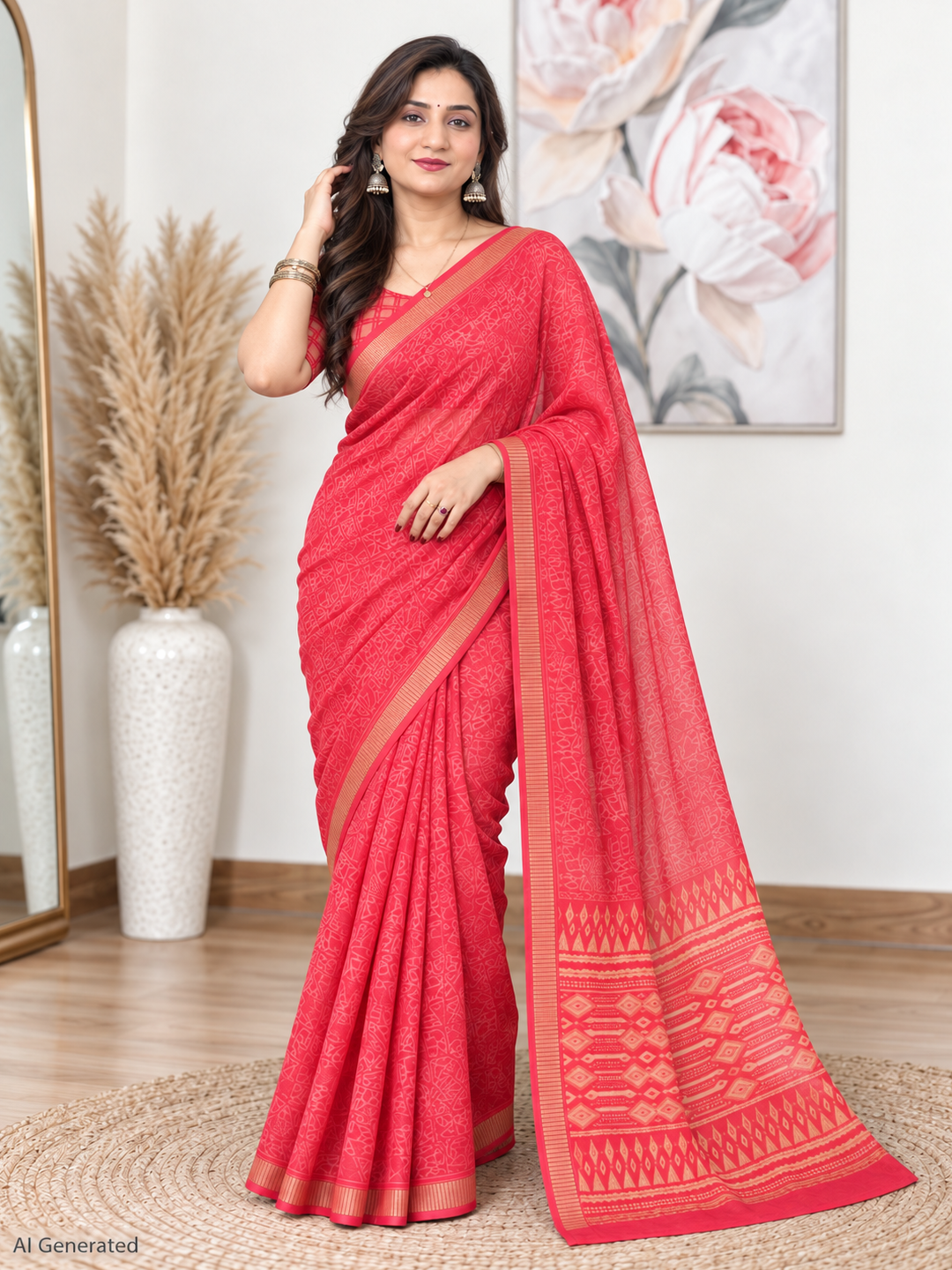 Rose Pink Ethnic Saree – Georgette – Soft, Festive Elegance