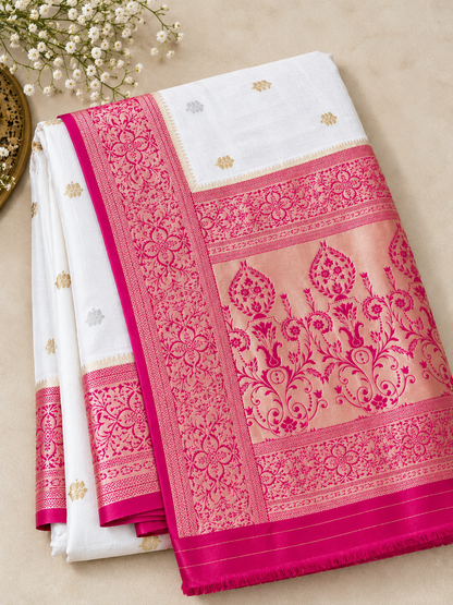 White and Magenta Banarasi Silk Saree – Classic, Luxe Elegance