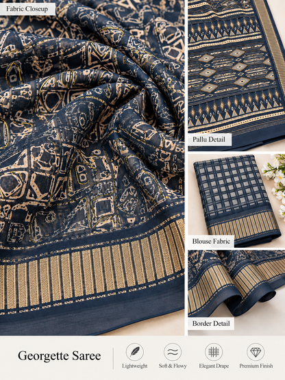 Black Ethnic Saree – Georgette – Sleek, Timeless Elegance