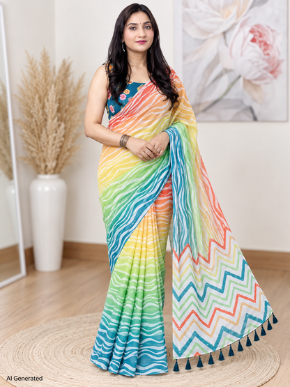 Rainbow Waves Laharia Saree – Georgette – Vibrant, Traditional Elegance