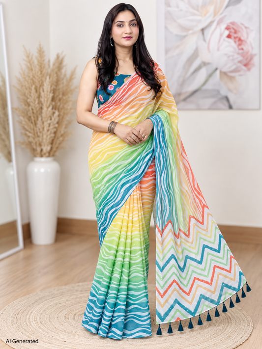 Rainbow Waves Laharia Saree – Georgette – Vibrant, Traditional Elegance
