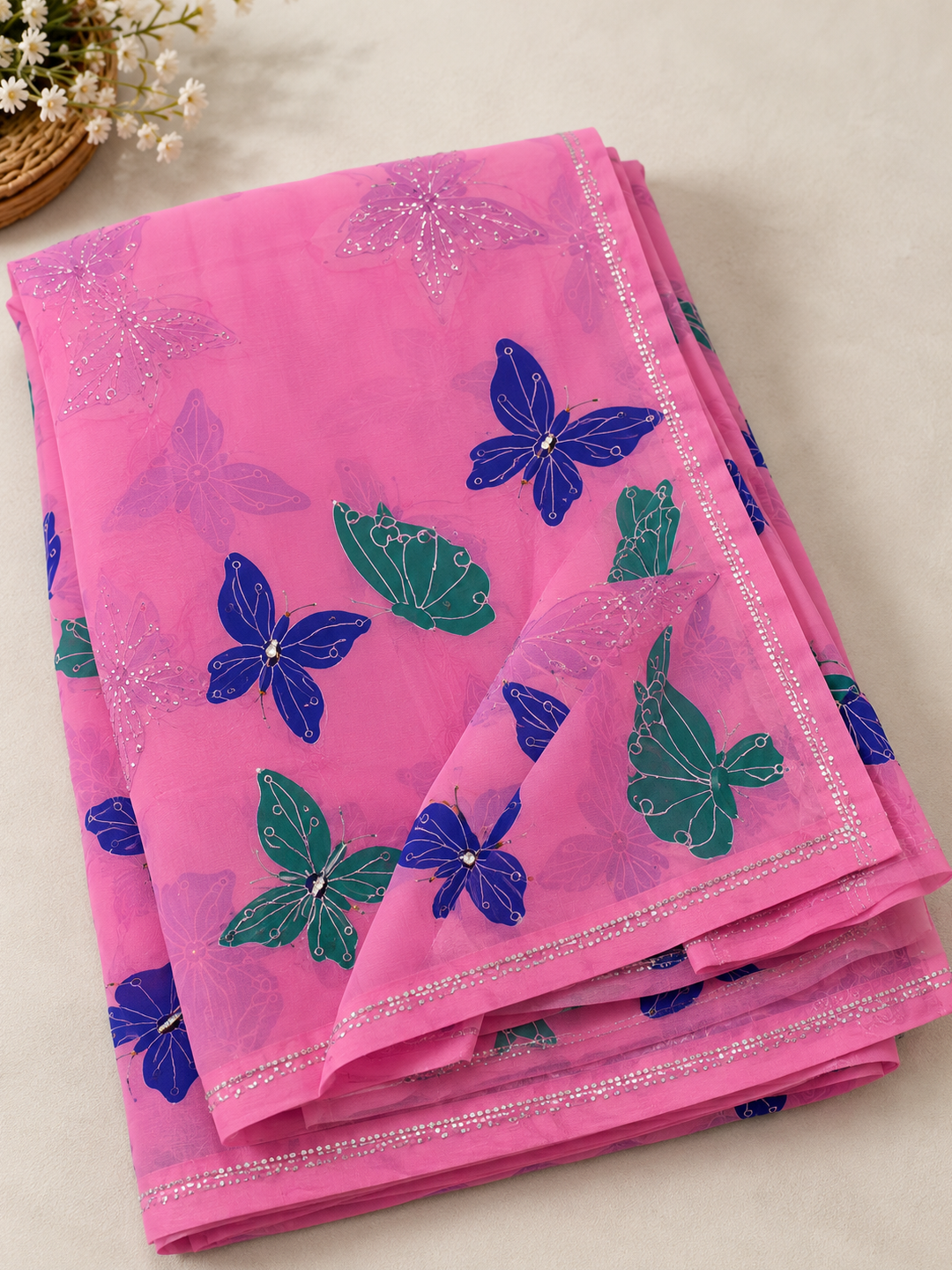 Pink Butterfly Print Georgette Saree