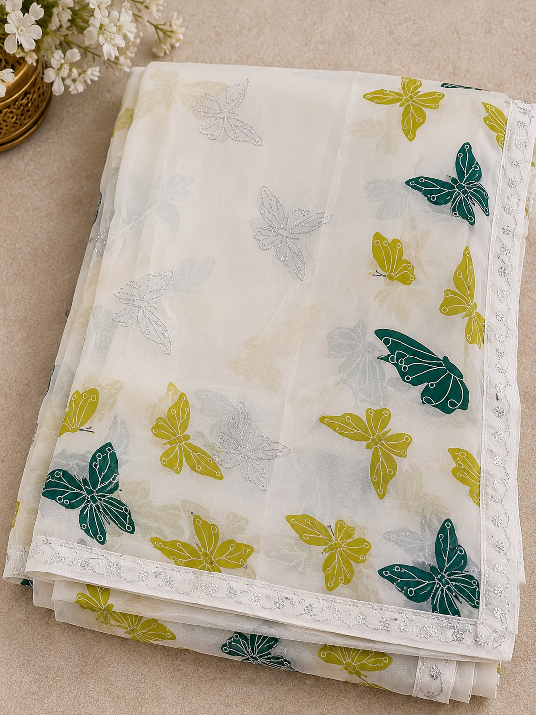 Off-White Butterfly Print Georgette Saree