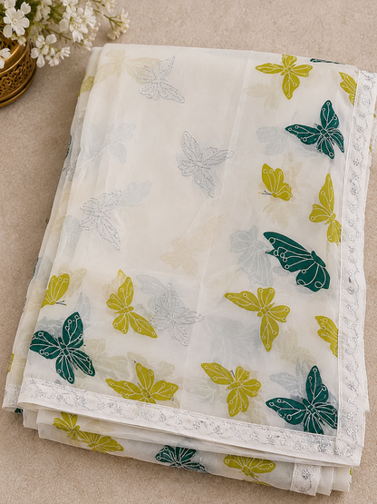 Off-White Butterfly Print Georgette Saree