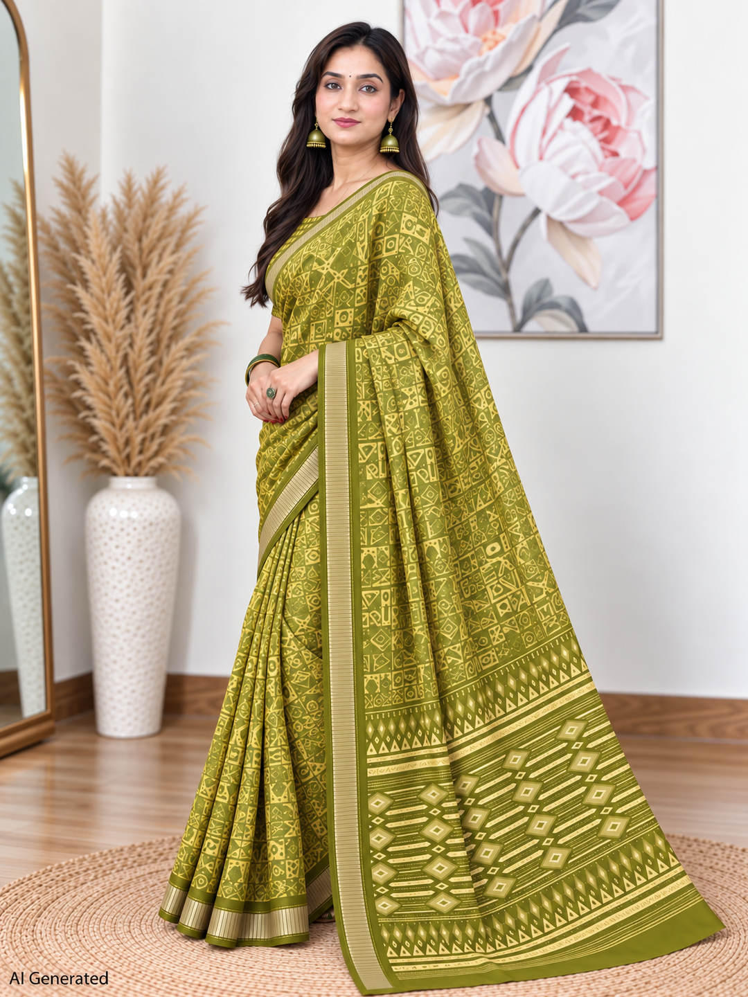 Mehndi Ethnic Saree – Georgette – Earthy, Timeless Elegance