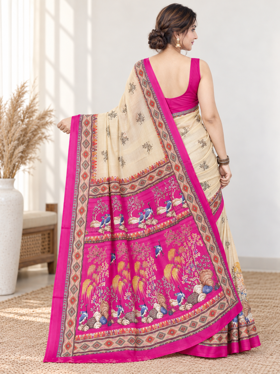 Beige and Pink Georgette Saree