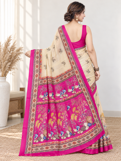 Beige and Pink Georgette Saree