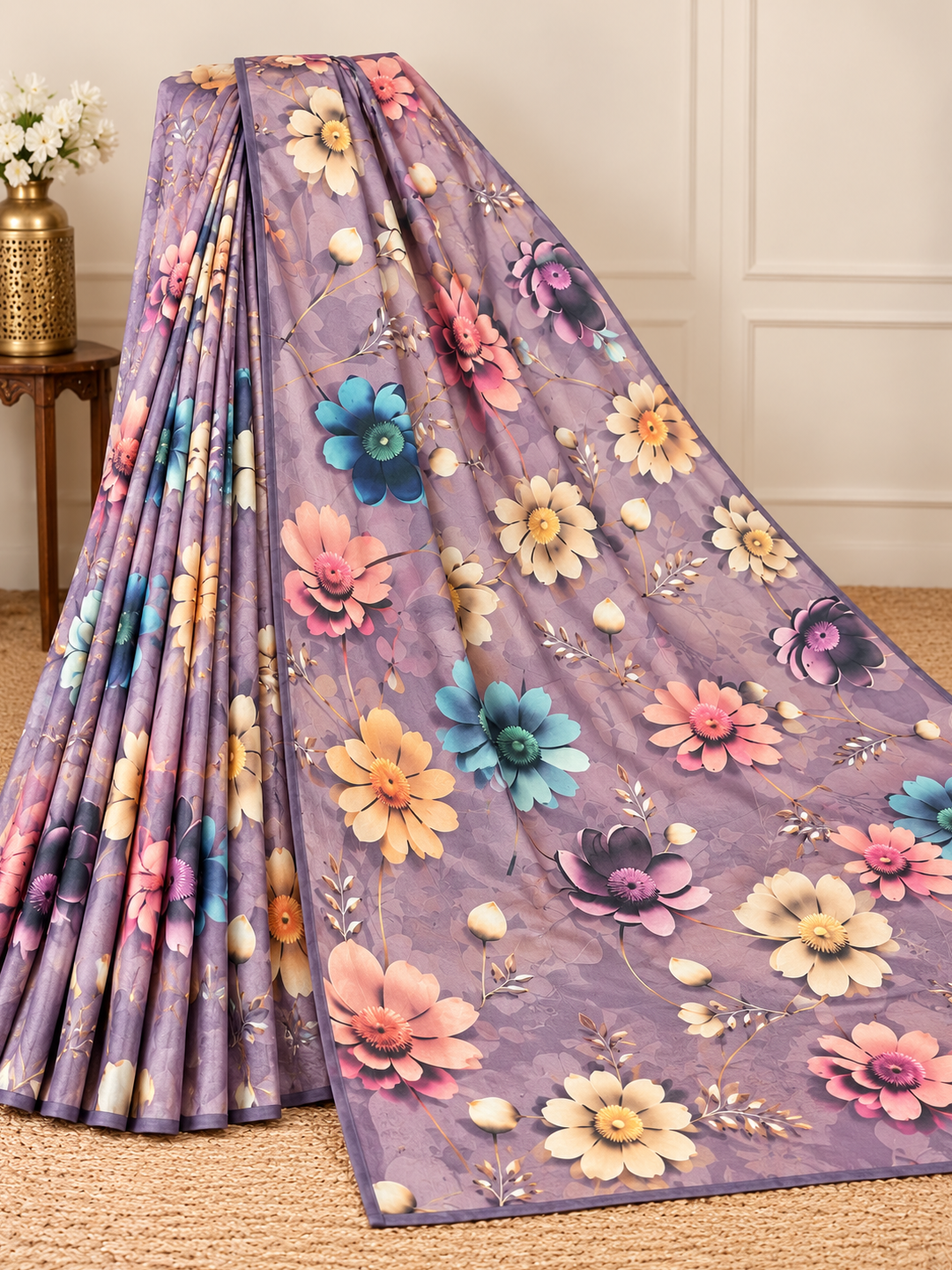 Purple Floral Digital Print Georgette Saree