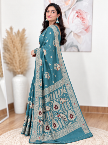 Teal Blue Russian Silk Banarasi Saree – Regal, Luxe Elegance