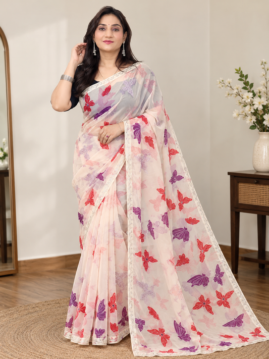 Off-White Butterfly Print Georgette Saree