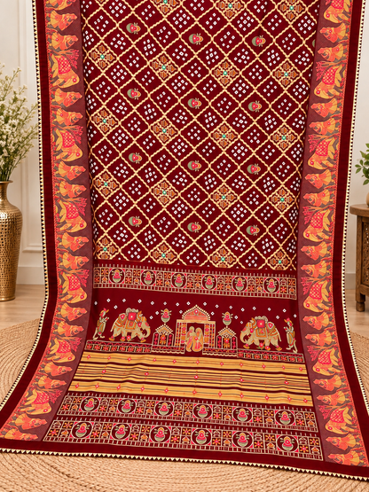 Maroon Chuneri Saree (Moss Crush) – Rich, Textured Elegance
