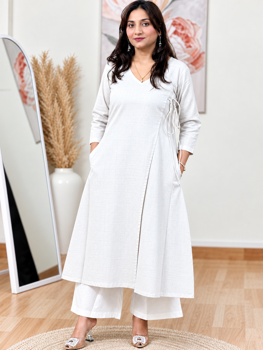 Grey Angrakha Kurta Palazzo Set – Linen Cotton Elegance