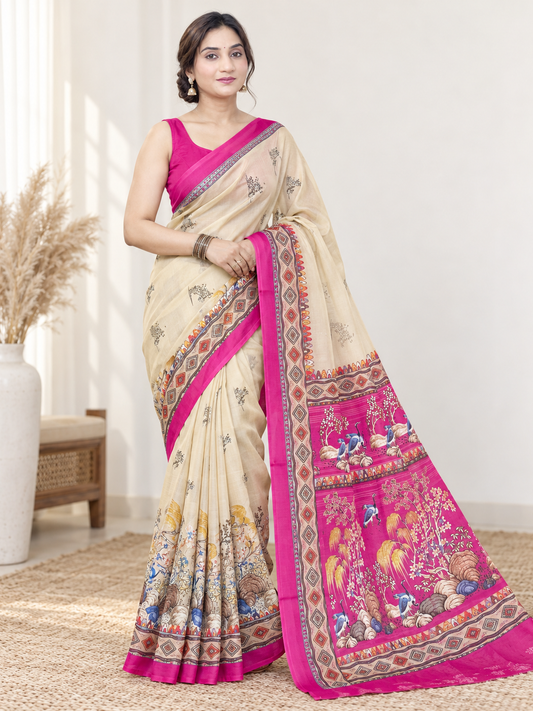Beige and Pink Georgette Saree