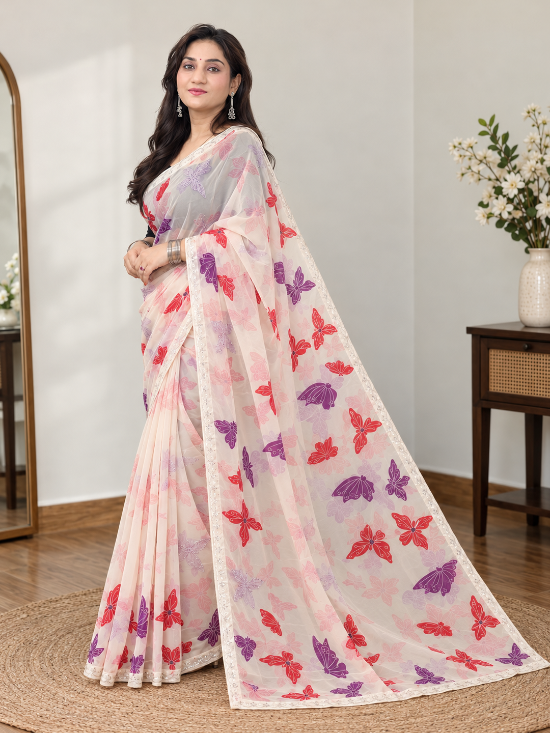 Off-White Butterfly Print Georgette Saree