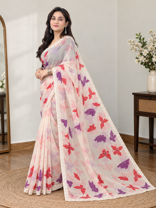Off-White Butterfly Print Georgette Saree