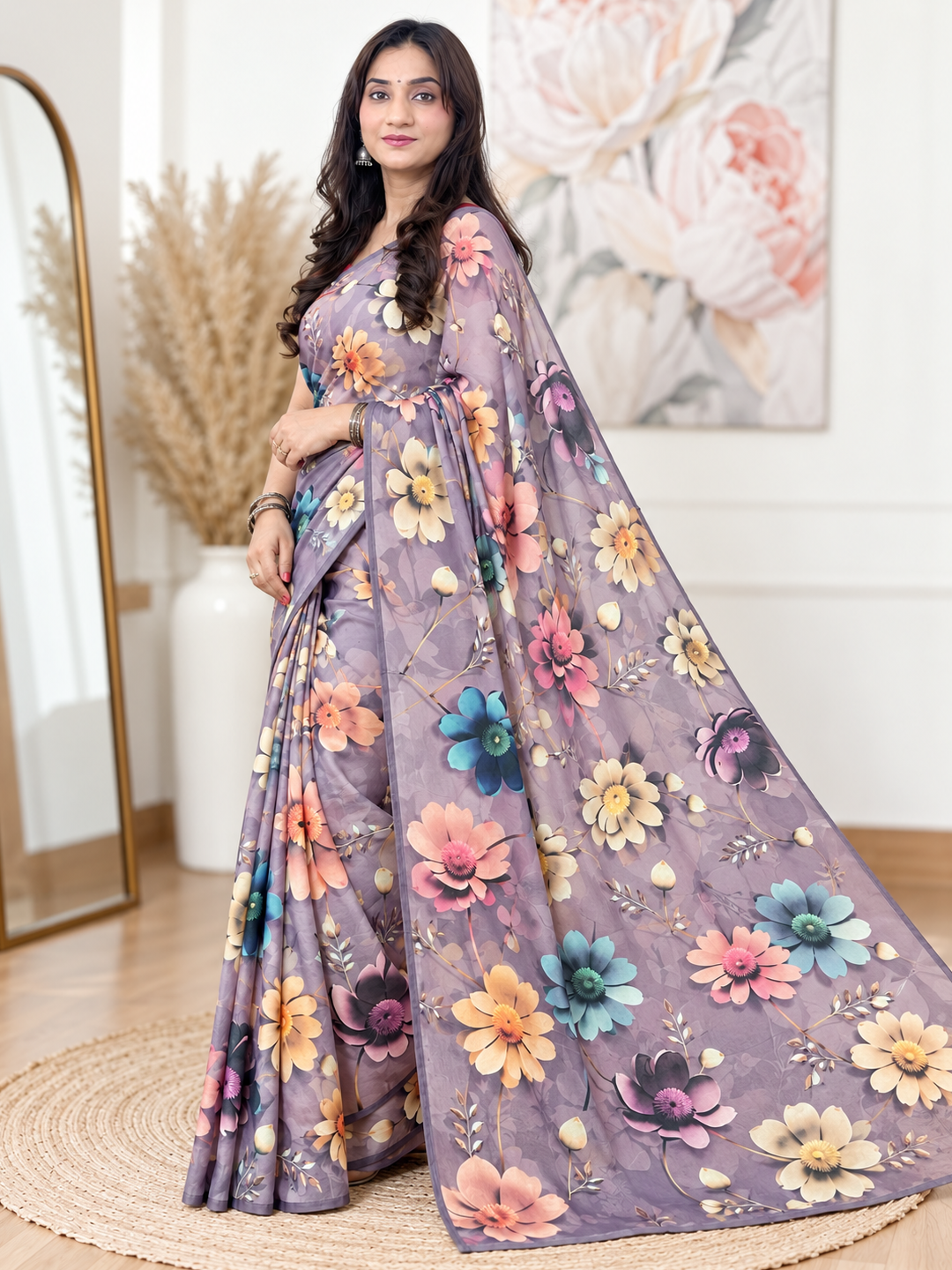Purple Floral Digital Print Georgette Saree