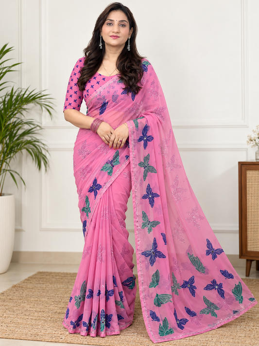 Pink Butterfly Print Georgette Saree