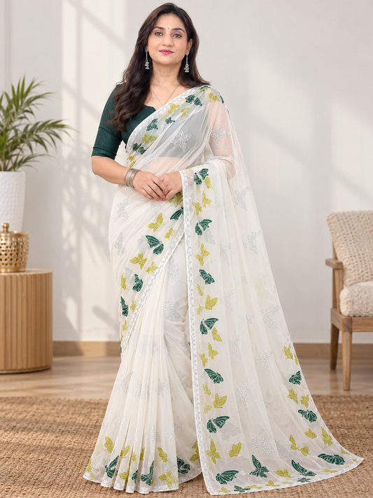 Off-White Butterfly Print Georgette Saree
