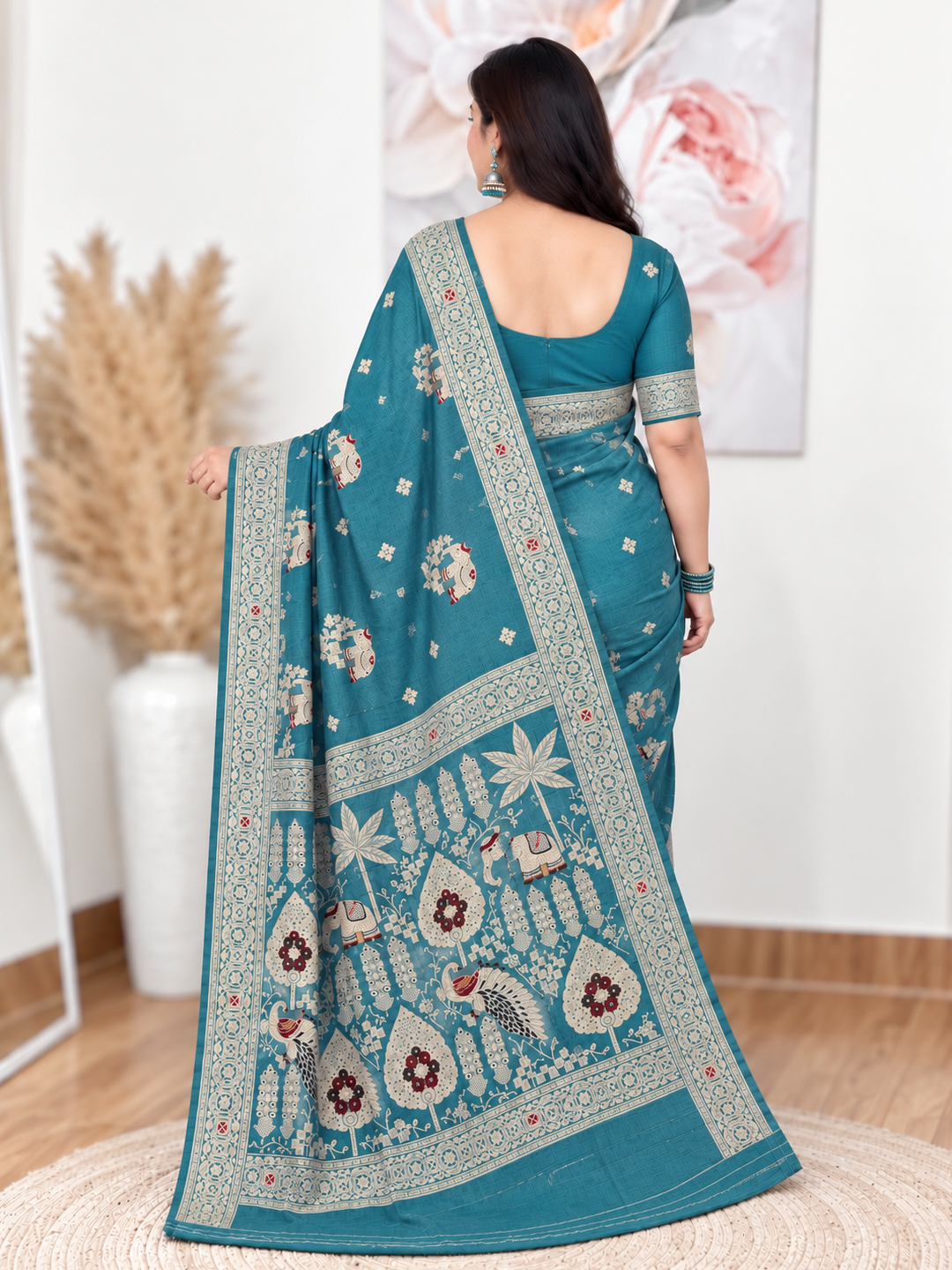 Teal Blue Russian Silk Banarasi Saree – Regal, Luxe Elegance