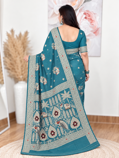 Teal Blue Russian Silk Banarasi Saree – Regal, Luxe Elegance