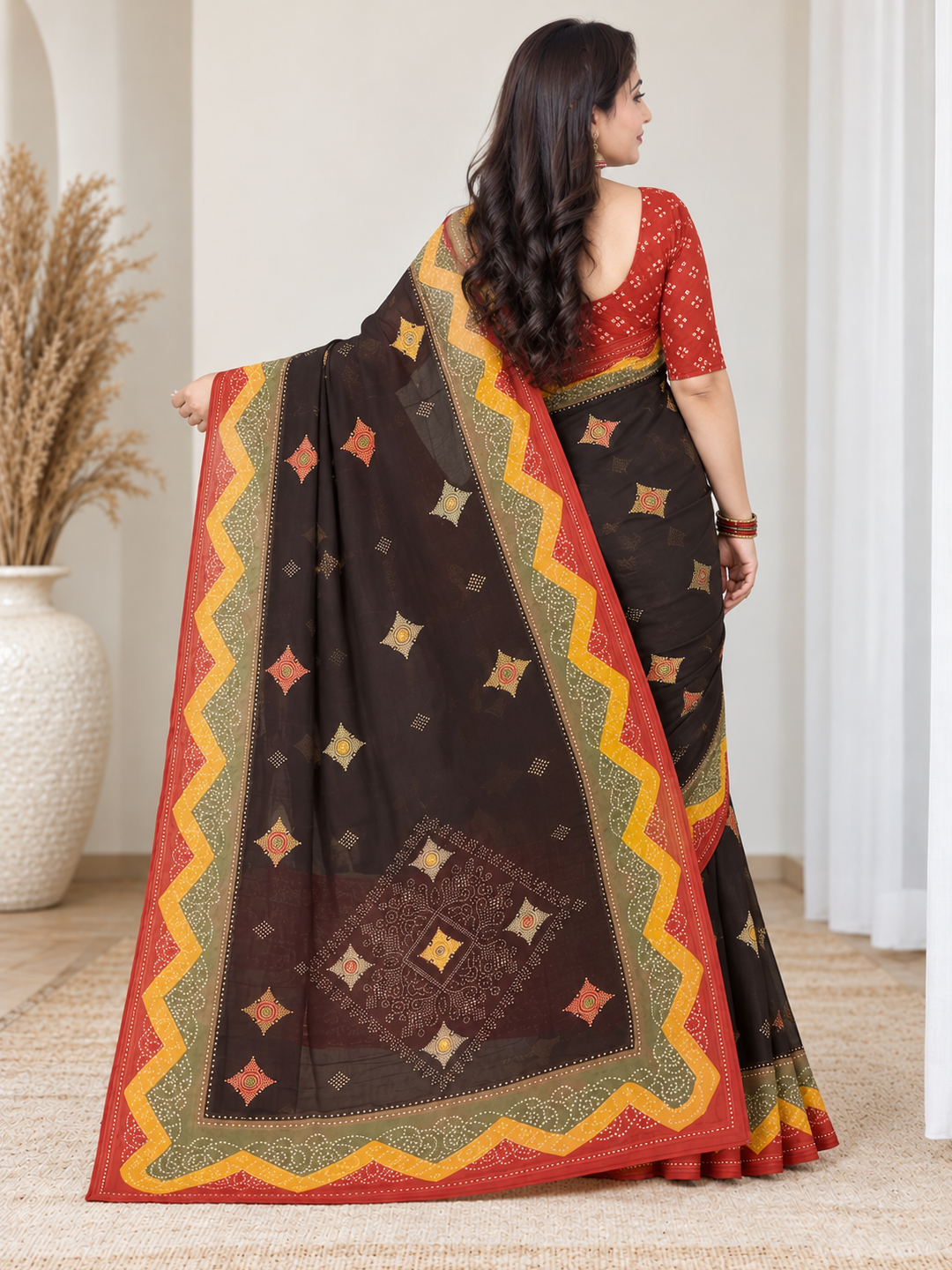 Chocolate Brown Bandhani Georgette Saree