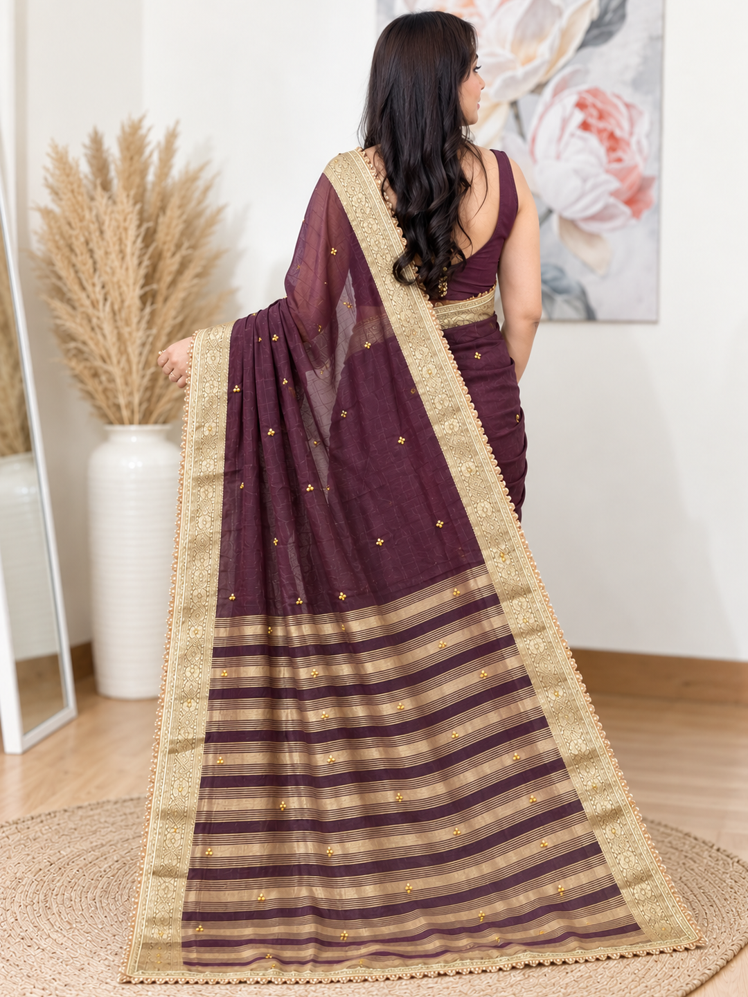 Wine Ghunghroo Organza Saree – Festive Wear
