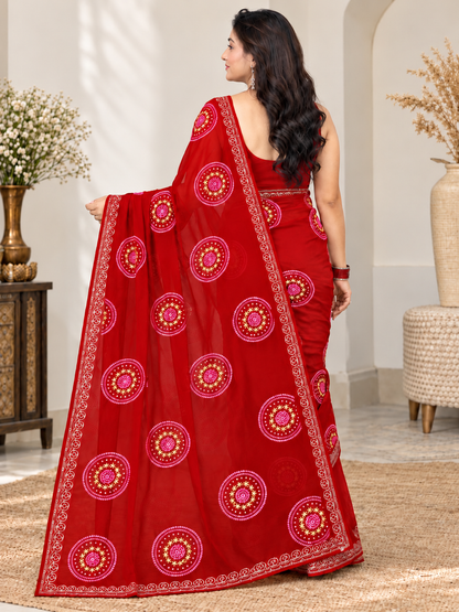 Red Hand-Painted Bandhani Georgette Saree – Festive Wear