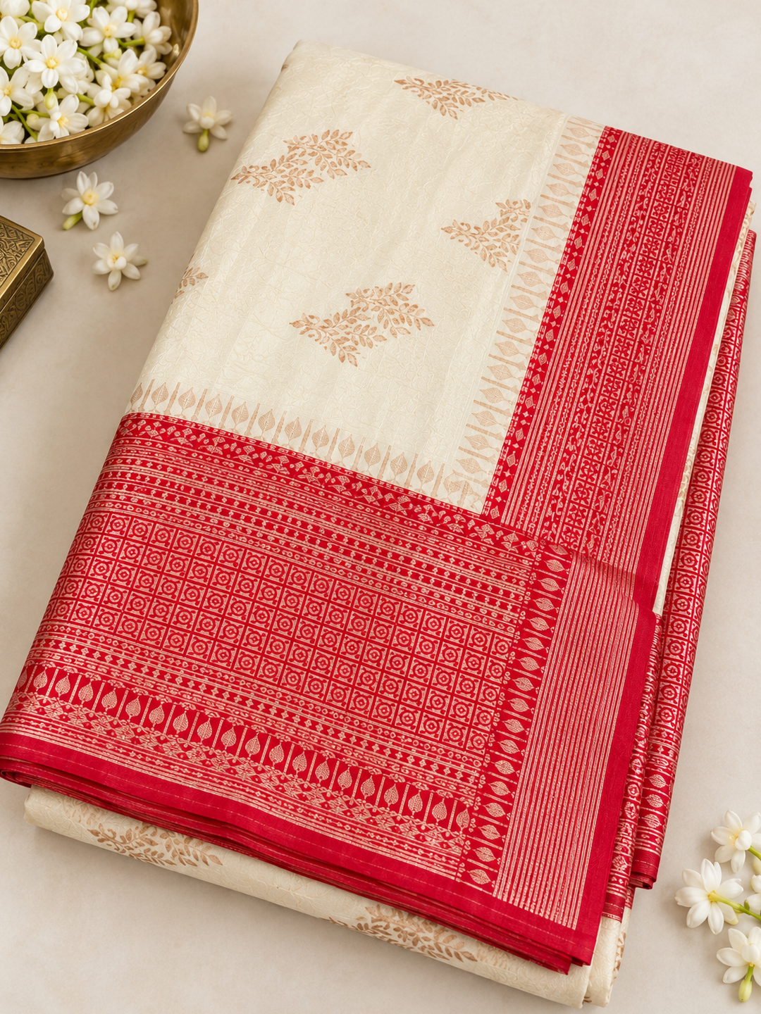 Off-White and Red Border Silk Saree