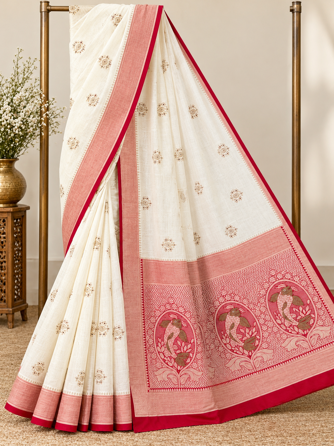 Off-White and Red Border Silk Saree
