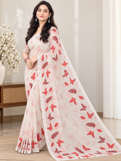 Off-White Butterfly Print Georgette Saree