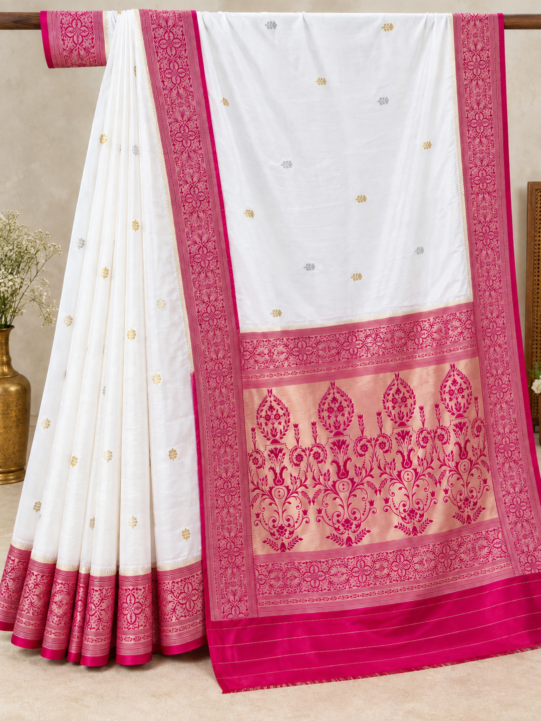 White and Magenta Banarasi Silk Saree – Classic, Luxe Elegance