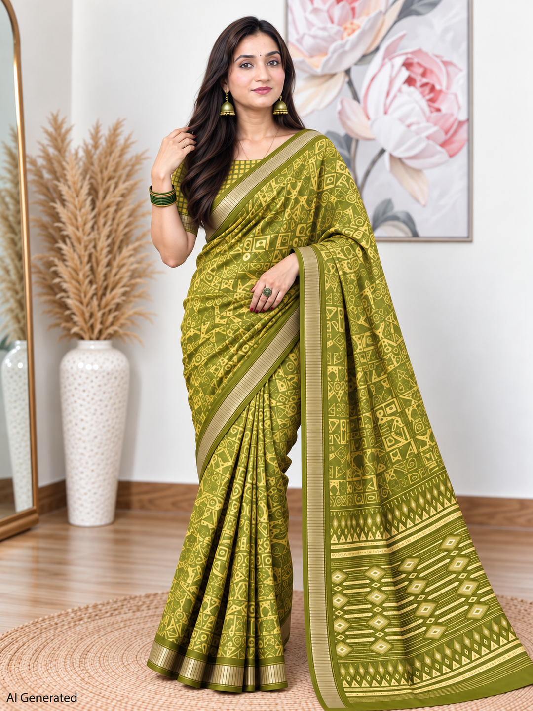 Mehndi Ethnic Saree – Georgette – Earthy, Timeless Elegance