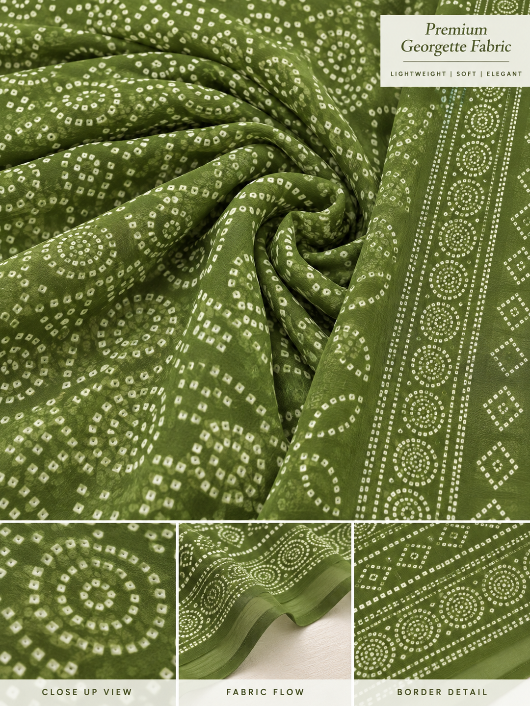Mehndi Bandhani Saree – Georgette – Earthy, Traditional Elegance