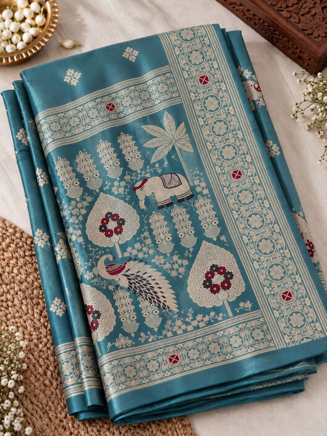 Teal Blue Russian Silk Banarasi Saree – Regal, Luxe Elegance