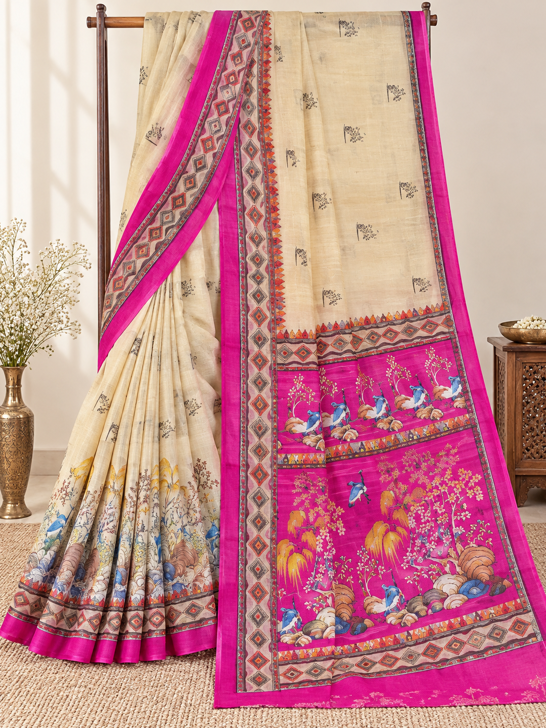 Beige and Pink Georgette Saree