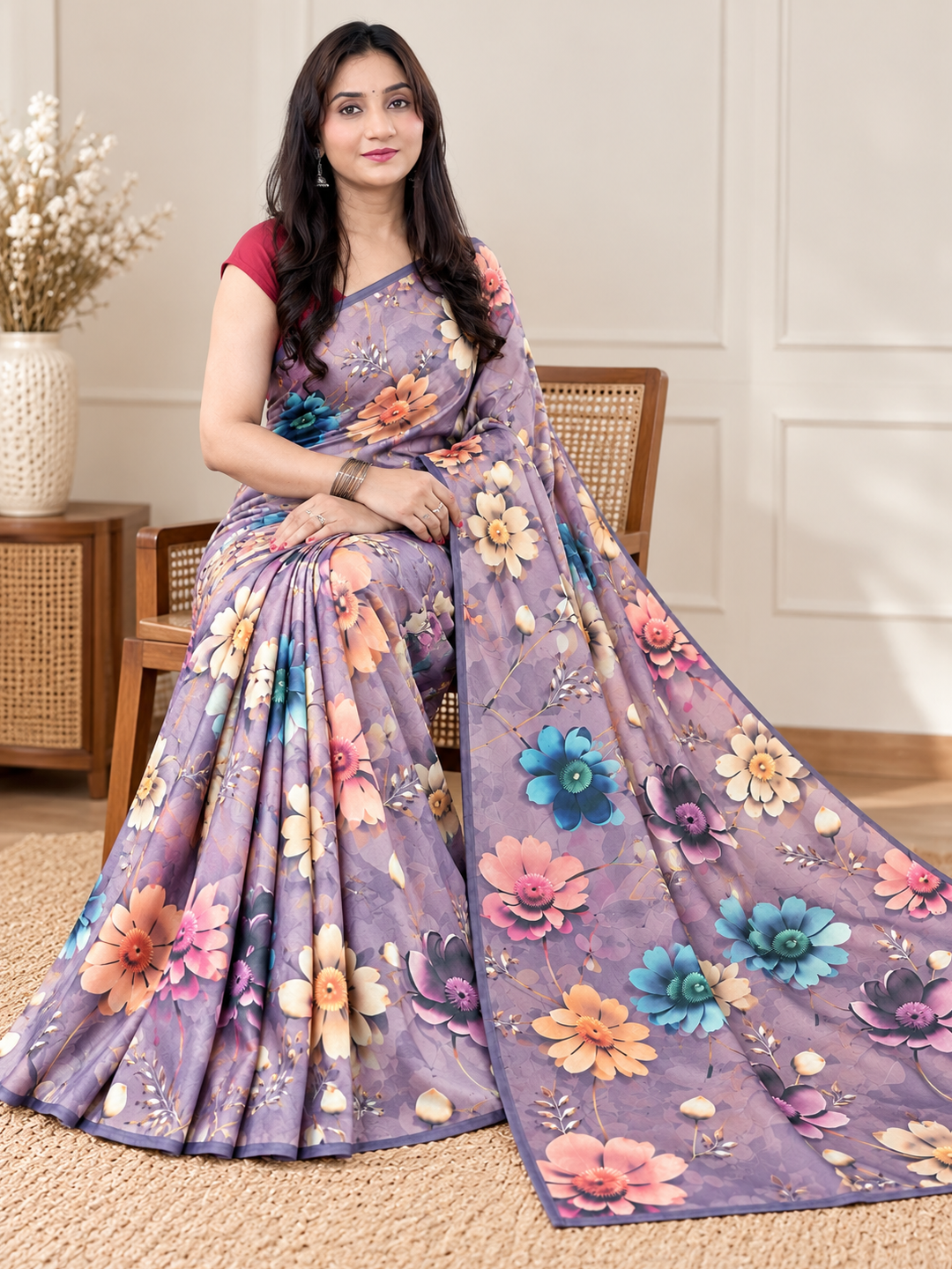 Purple Floral Digital Print Georgette Saree