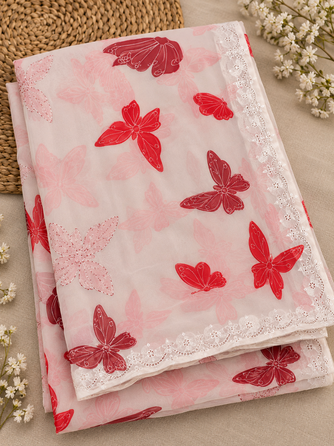 Off-White Butterfly Print Georgette Saree