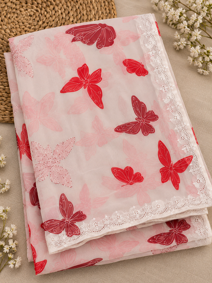Off-White Butterfly Print Georgette Saree