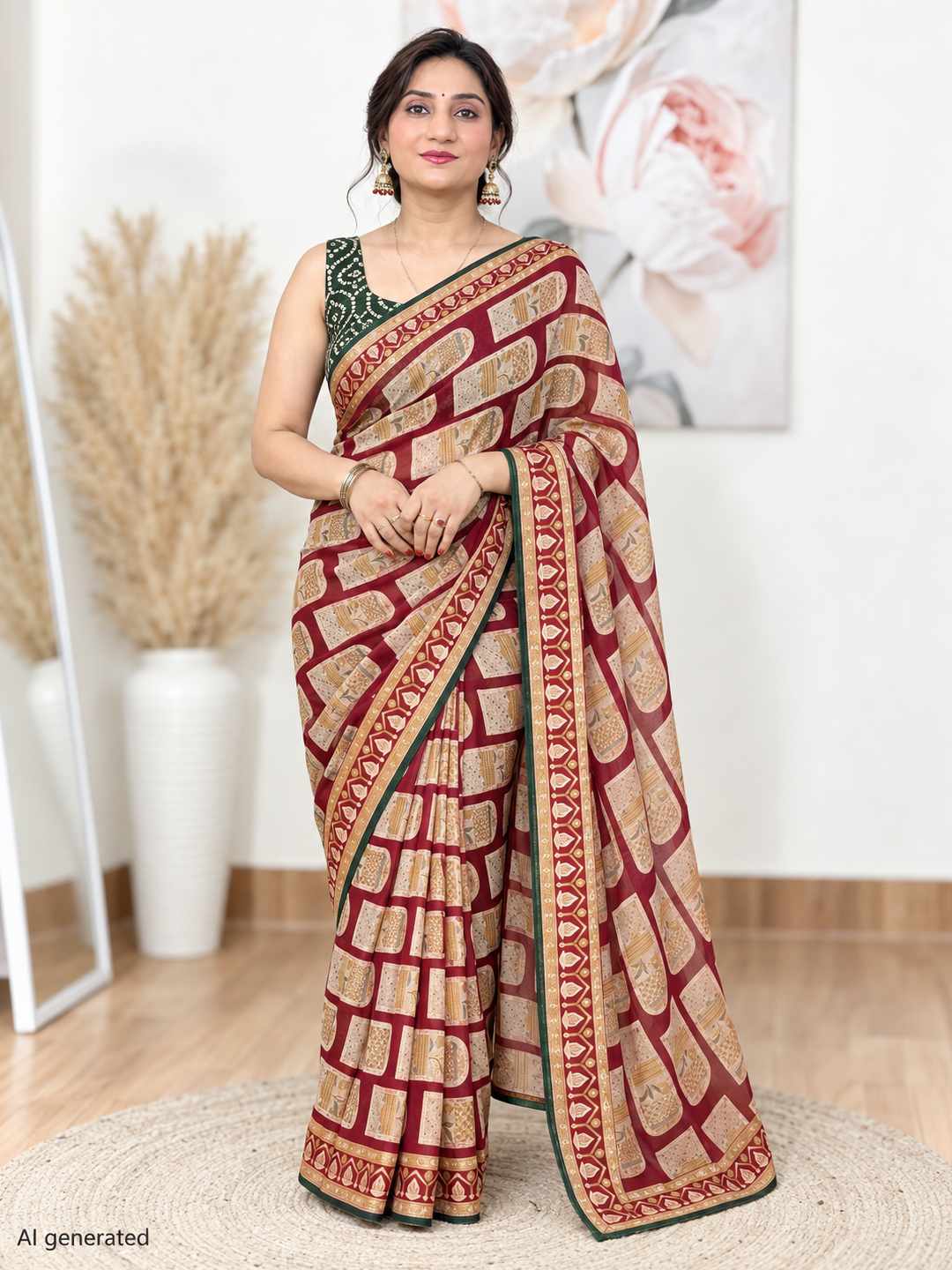 Maroon Printed Brasso Saree – Rich, Contemporary Elegance